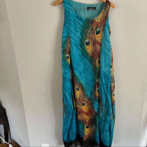 Gracila Bohemian Women Sleeveless O Neck Peacock Printed Maxi Dress Size Medium - Picture 3 of 11